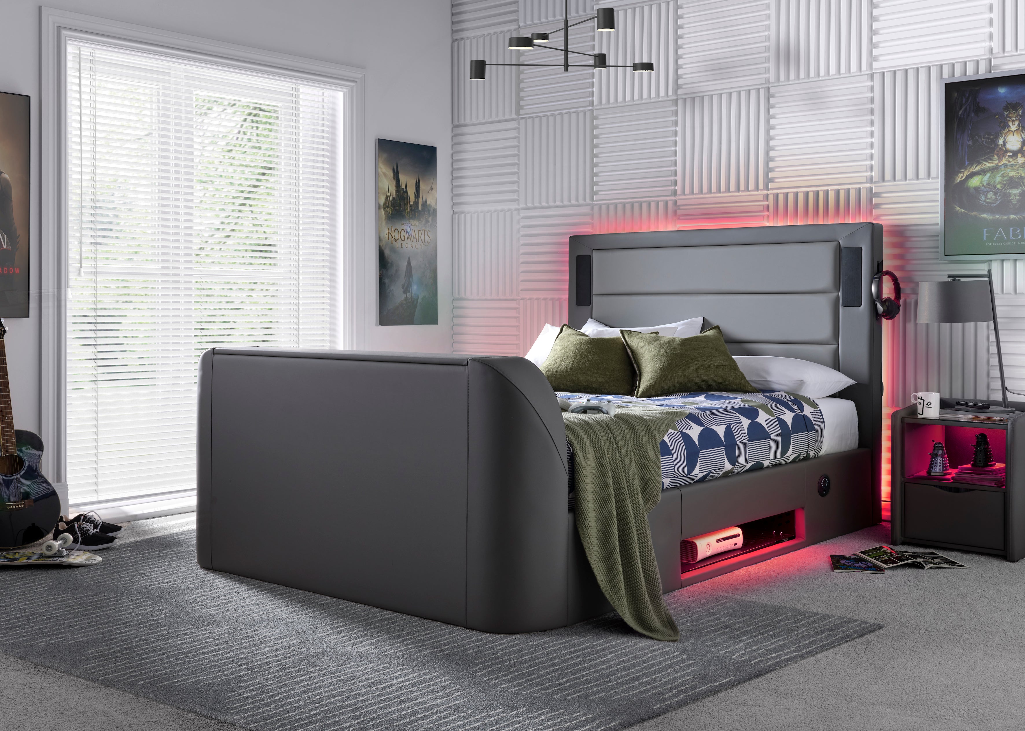 Merlin Gaming TV Bed - two tone Grey PU - 5.1 Surround - Ottoman Storage