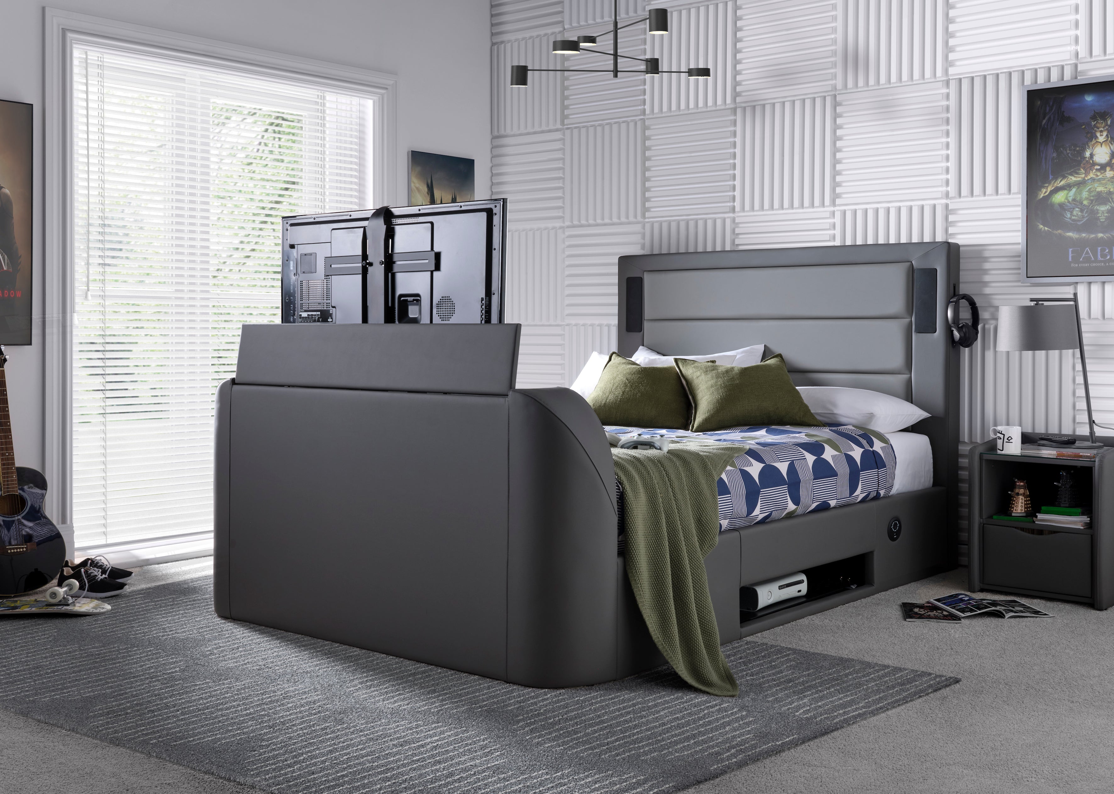 Merlin Gaming TV Bed - two tone Grey PU - 5.1 Surround - Ottoman Storage