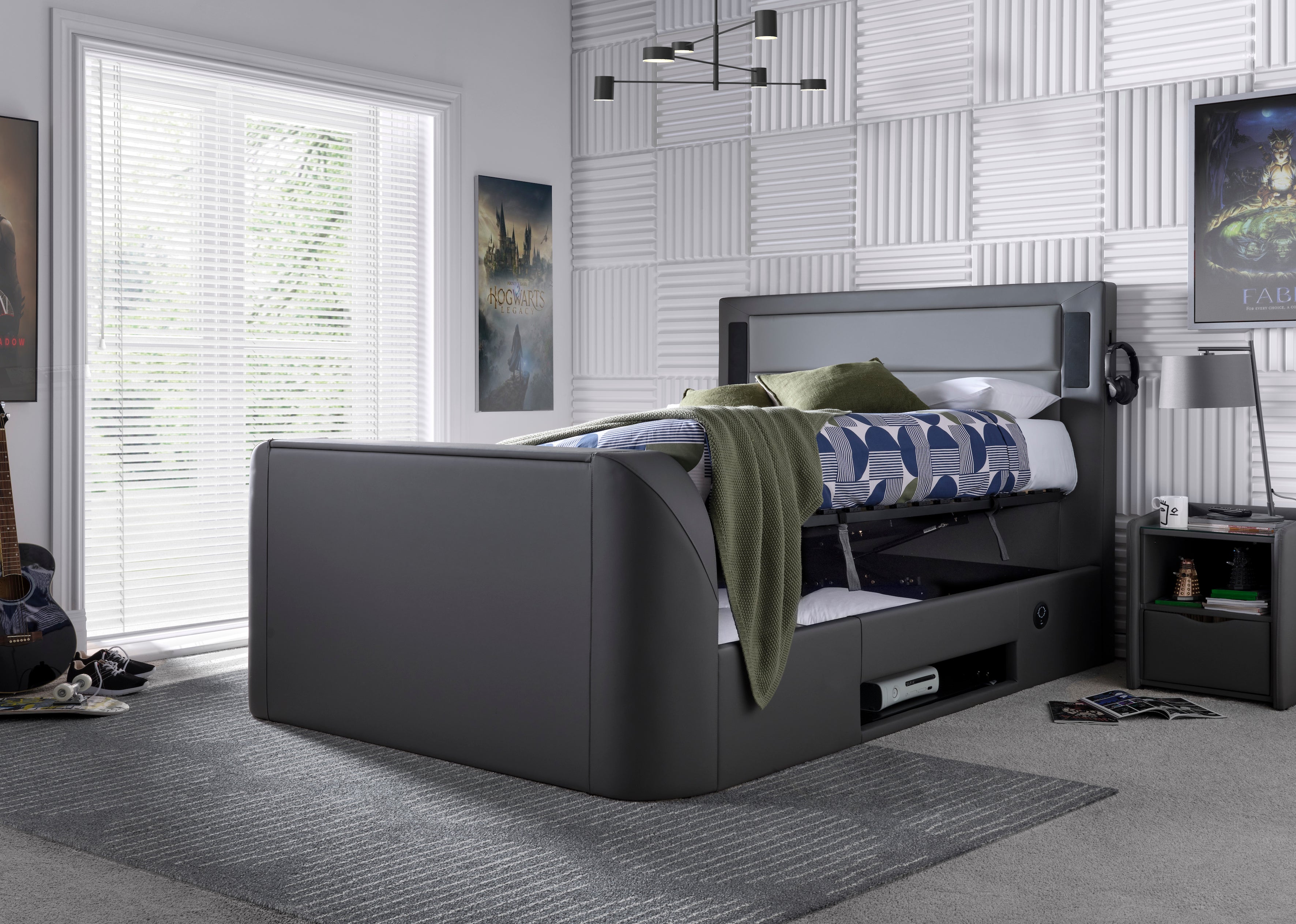 Merlin Gaming TV Bed - two tone Grey PU - 5.1 Surround - Ottoman Storage
