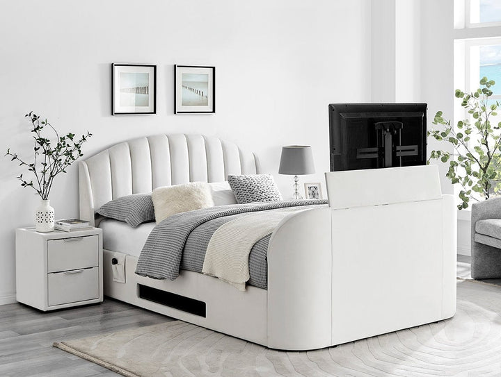 Pearl Ottoman TV Bed With Soundbar, USB Charging & Earphone Jack Cream Velvet with 20% OFF!