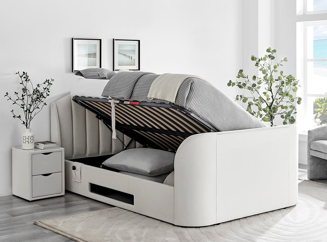 Pearl Ottoman TV Bed With Soundbar, USB Charging & Earphone Jack Cream Velvet with 20% OFF!