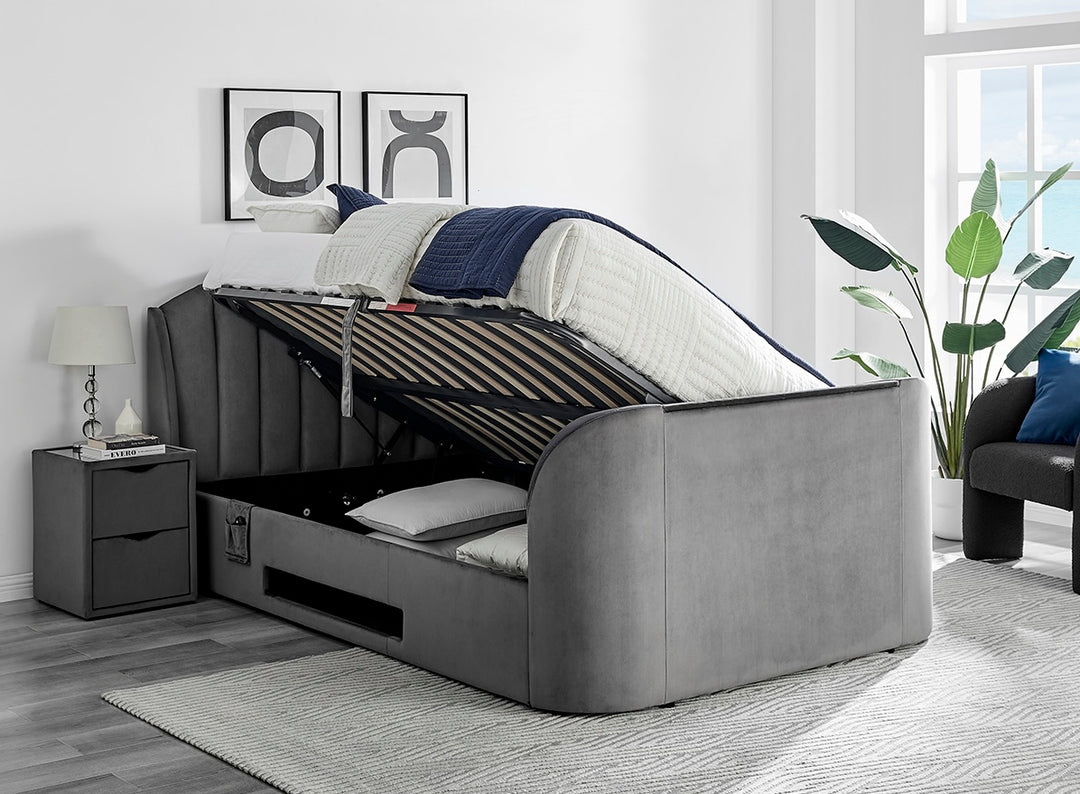 Pearl Ottoman TV Bed With Soundbar, USB Charging & Earphone Jack Grey Velvet