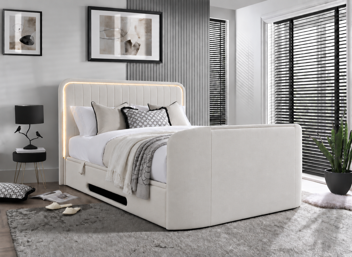 Savoy Ottoman TV Bed with Surround LED in Luxury Cream