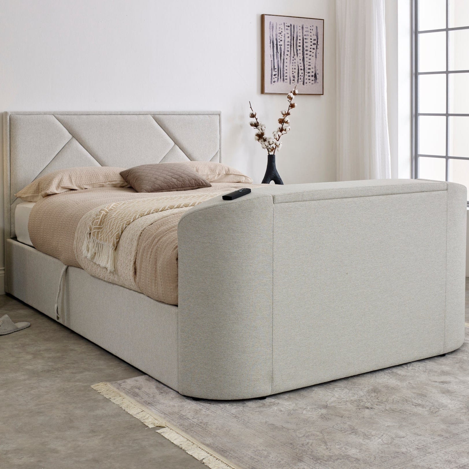 Sigma Ottoman TV Bed in Pebble Stone Fabric