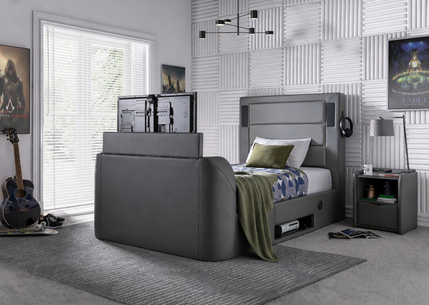 Merlin Gaming TV Bed - two tone Grey PU - 5.1 Surround - Ottoman Storage - Single