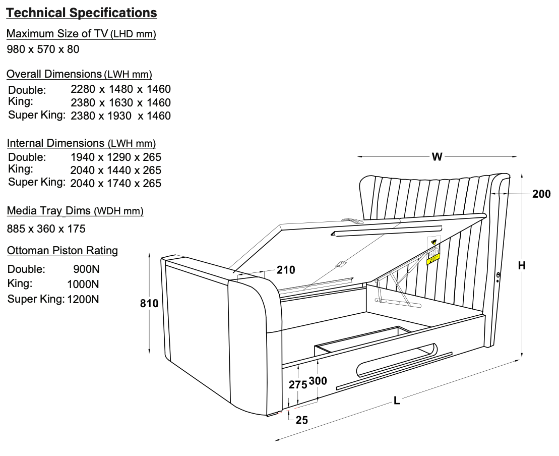 Vogue True Sound 5.1 Ottoman TV Bed in Dusk Fabric