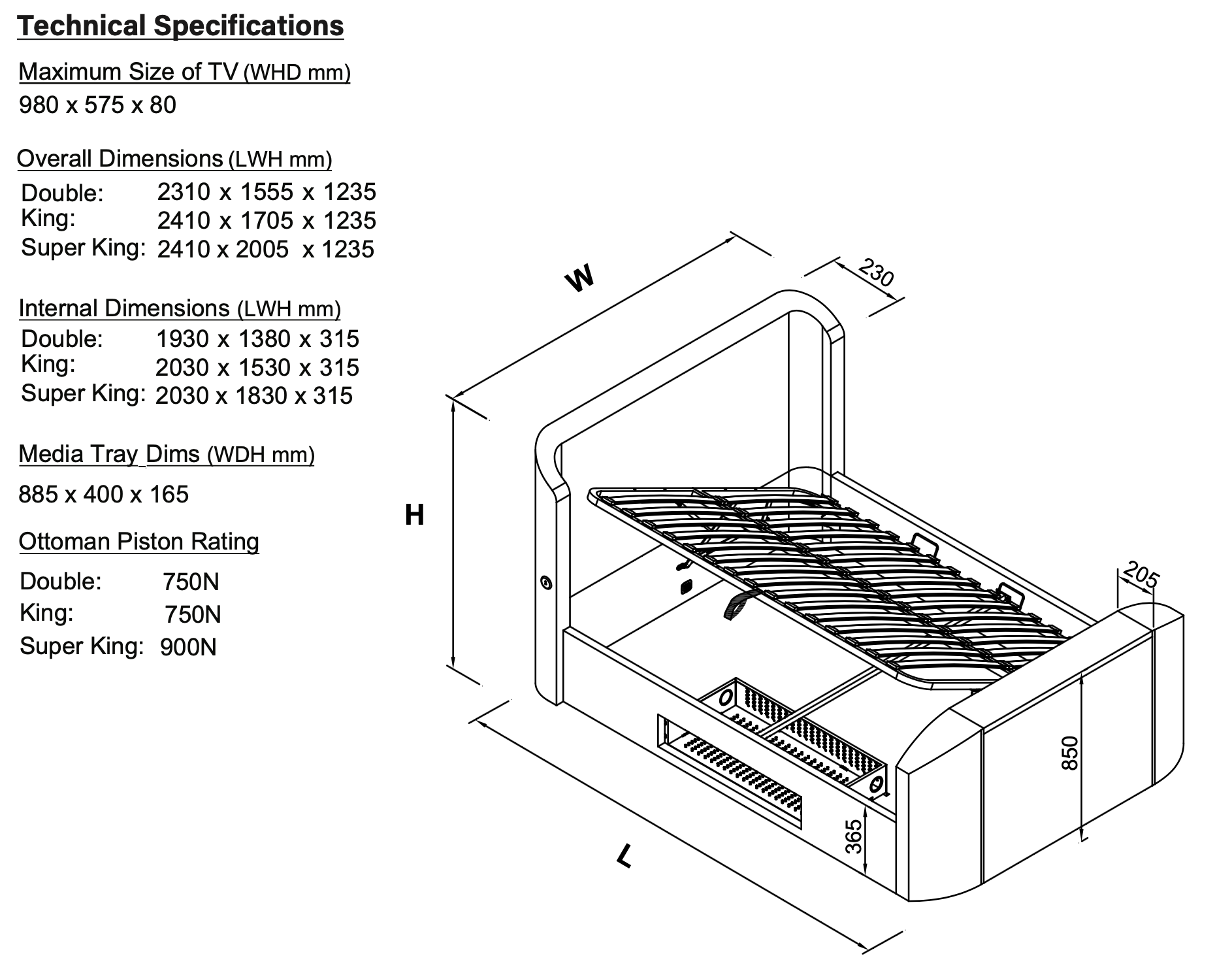 Monarch True Sound 5.1 Ottoman TV Bed in Soft Cream