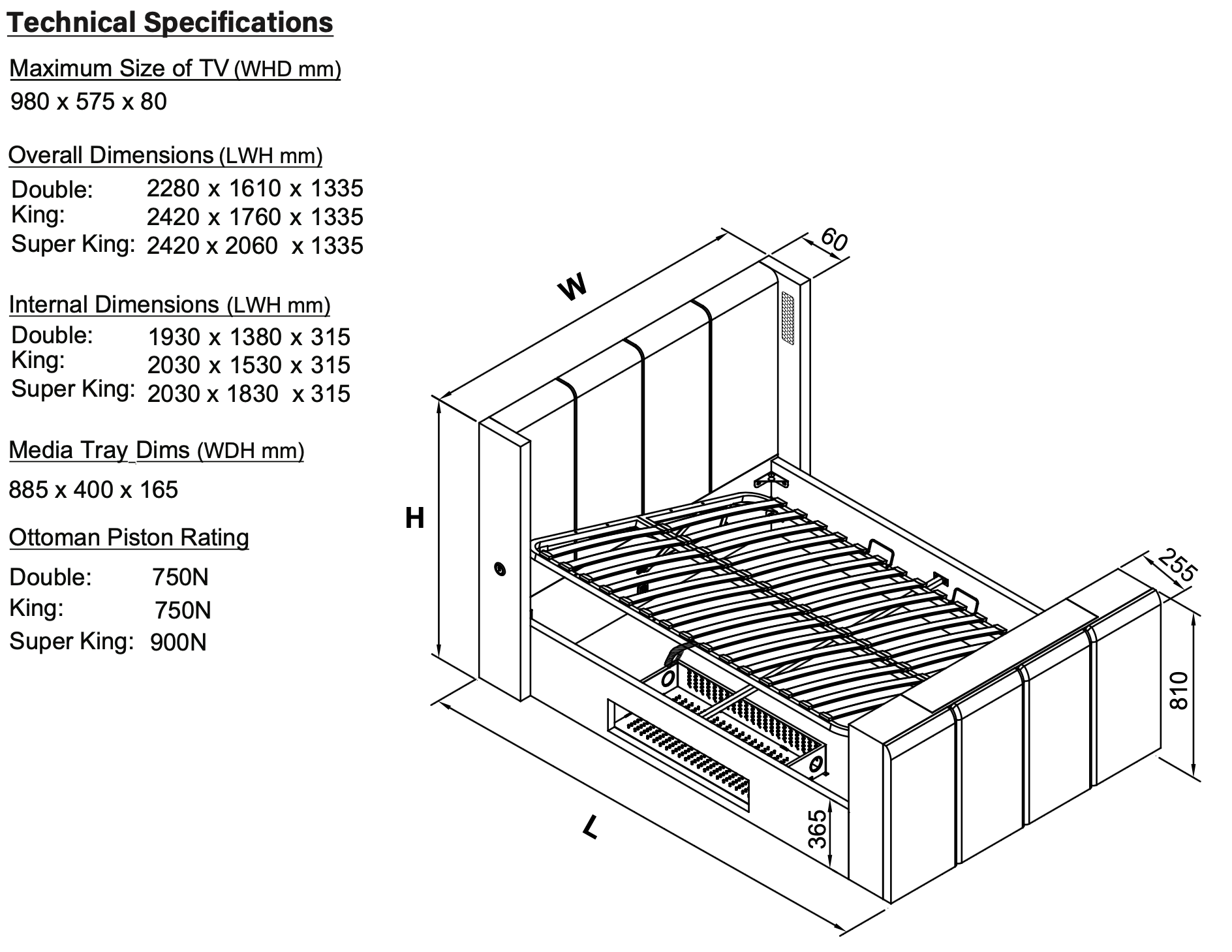 Velar True Sound 5.1 Ottoman TV Bed in Smoke Grey