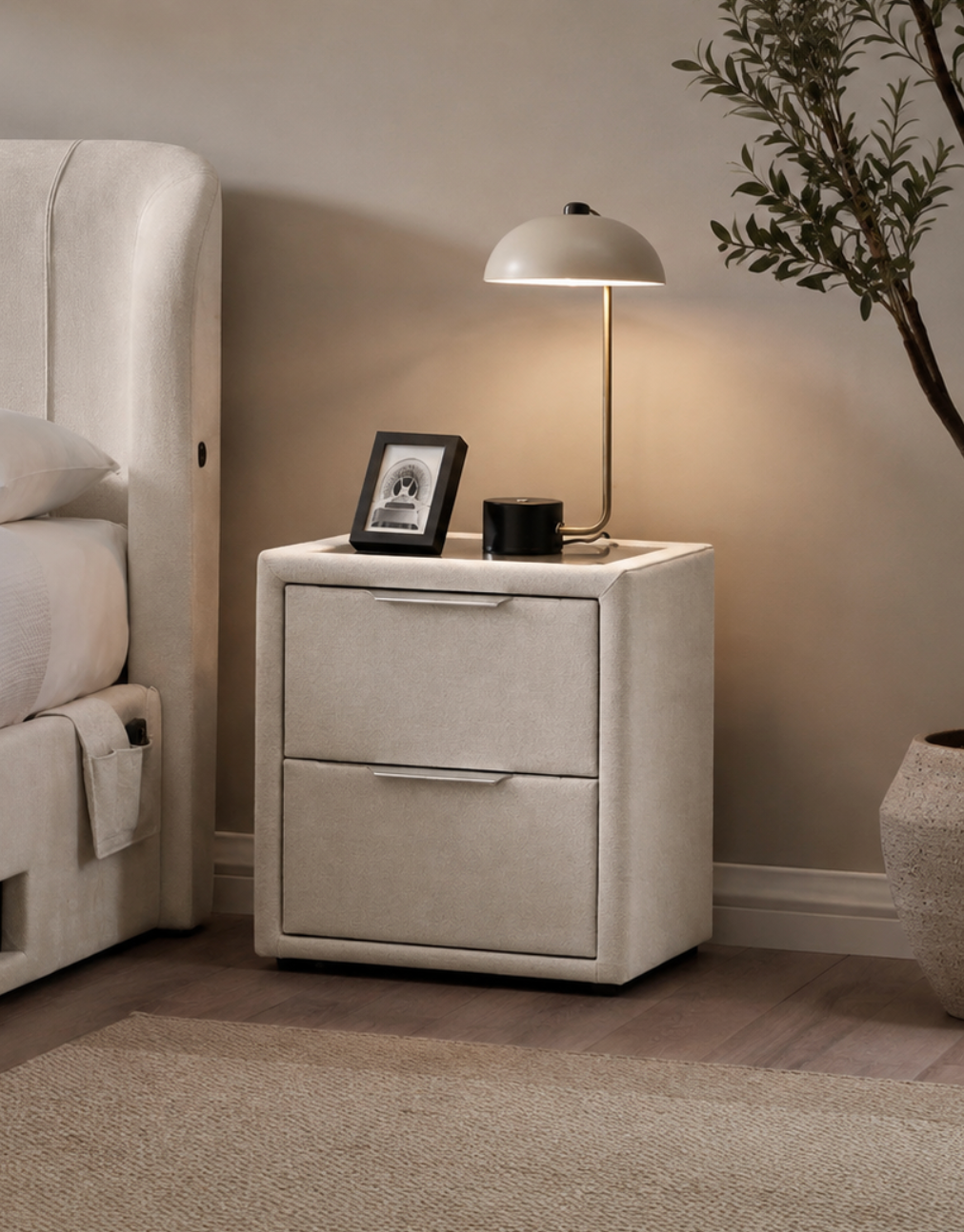 2 Drawer Side Unit With Glass Top & USB in Soft Cream