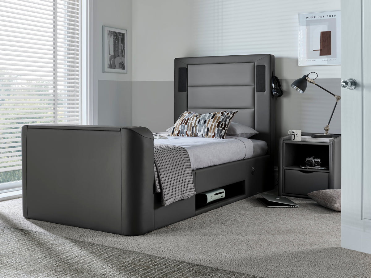 Merlin Gaming TV Bed - two tone Grey PU - 5.1 Surround - Ottoman Storage - Single