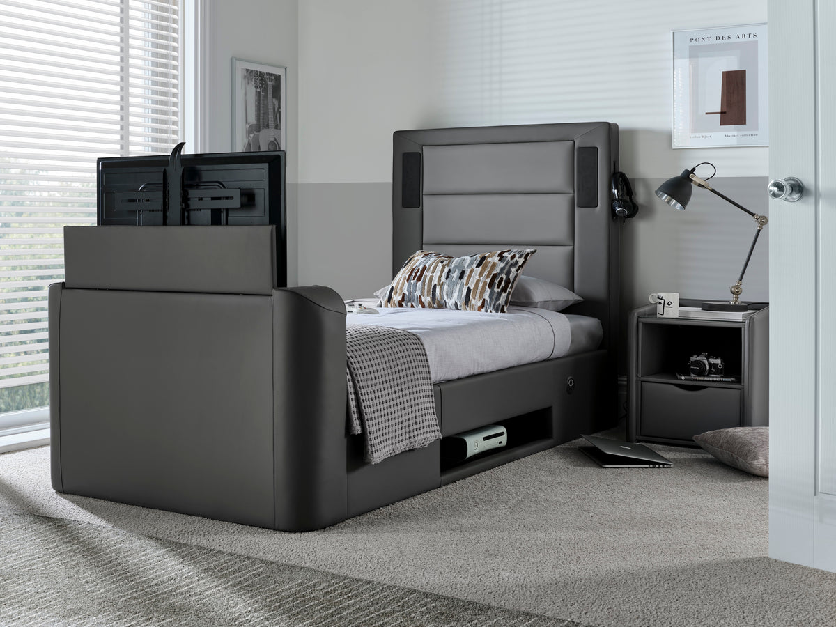 Merlin Gaming TV Bed - two tone Grey PU - 5.1 Surround - Ottoman Storage - Single