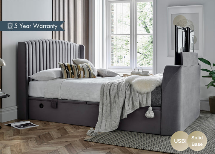 Essence Ottoman Storage TV Bed with USB Charging in Grey Velvet with £300 OFF!