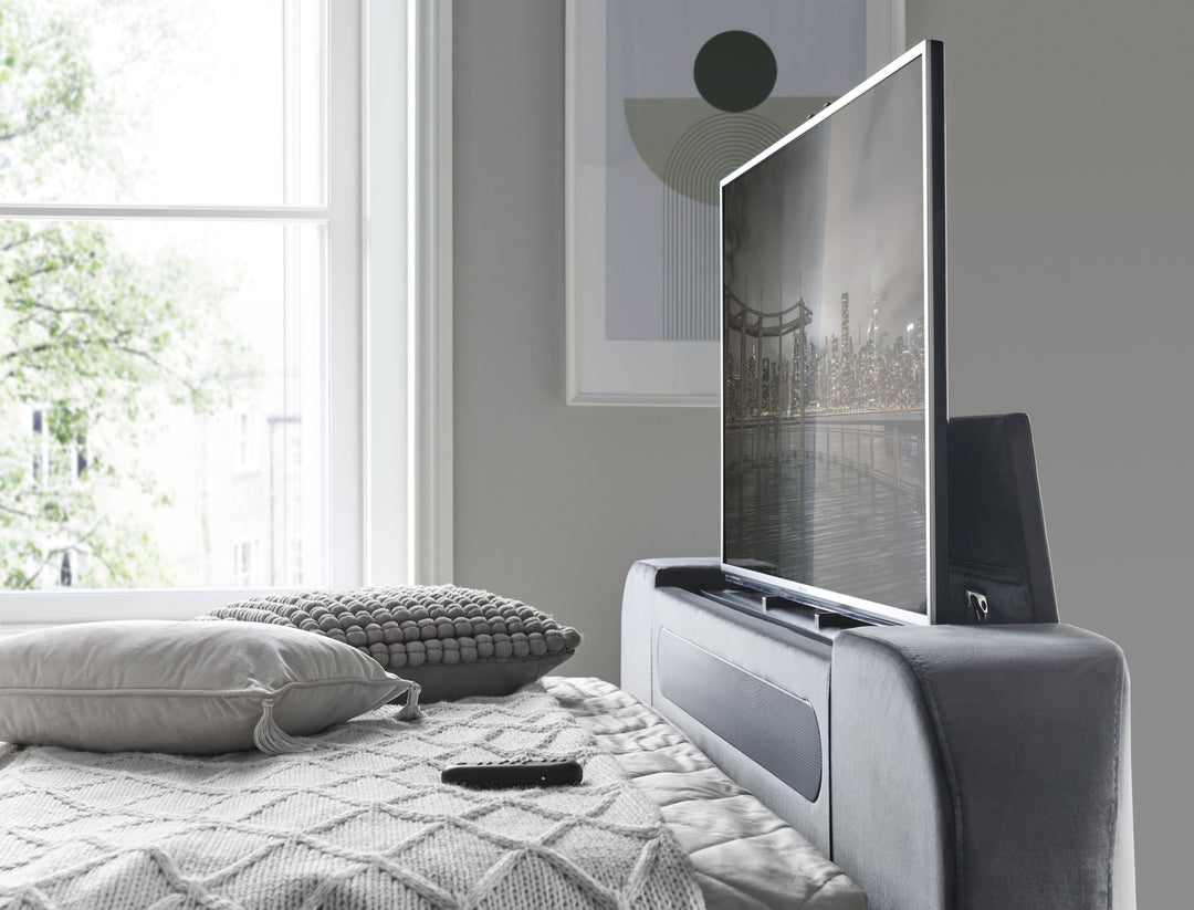 Stanford True Sound 5.1 Grey Velvet Ottoman TV Bed with USB-C Charging, Headphone Jack & LED Lighting