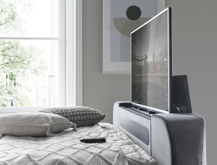 Stanford True Sound 5.1 Grey Velvet Ottoman TV Bed with USB-C Charging, Headphone Jack & LED Lighting