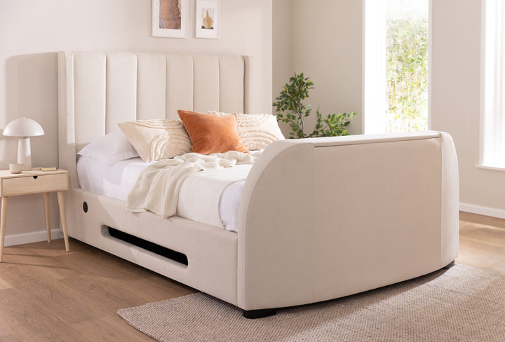 Solace Ottoman TV Bed  in Boucle Mellow Stone with USB Charging with 20% OFF!