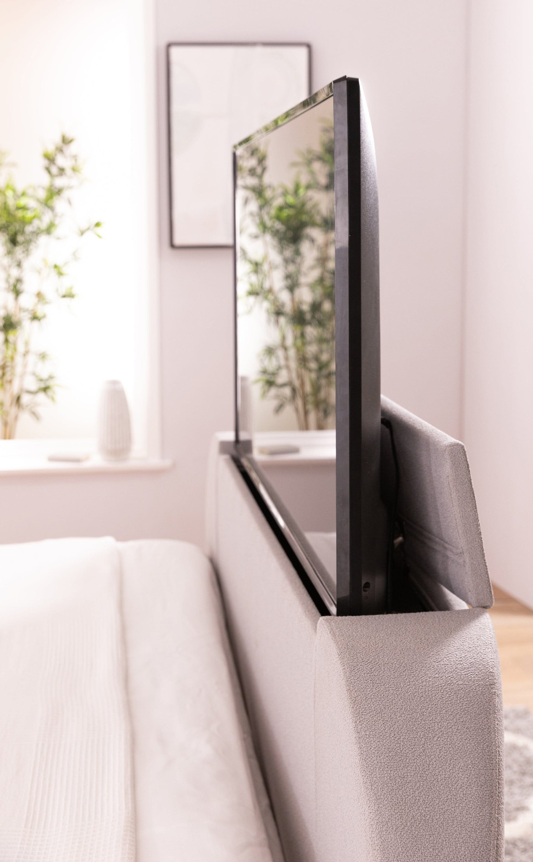 Solace Ottoman TV Bed in Boucle Mellow Grey with USB Charging.