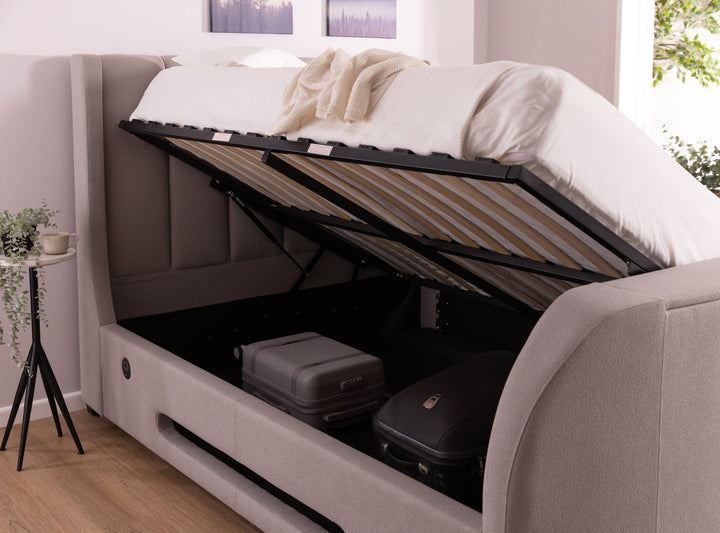 Solace Ottoman TV Bed  in Boucle Mellow Grey with USB Charging