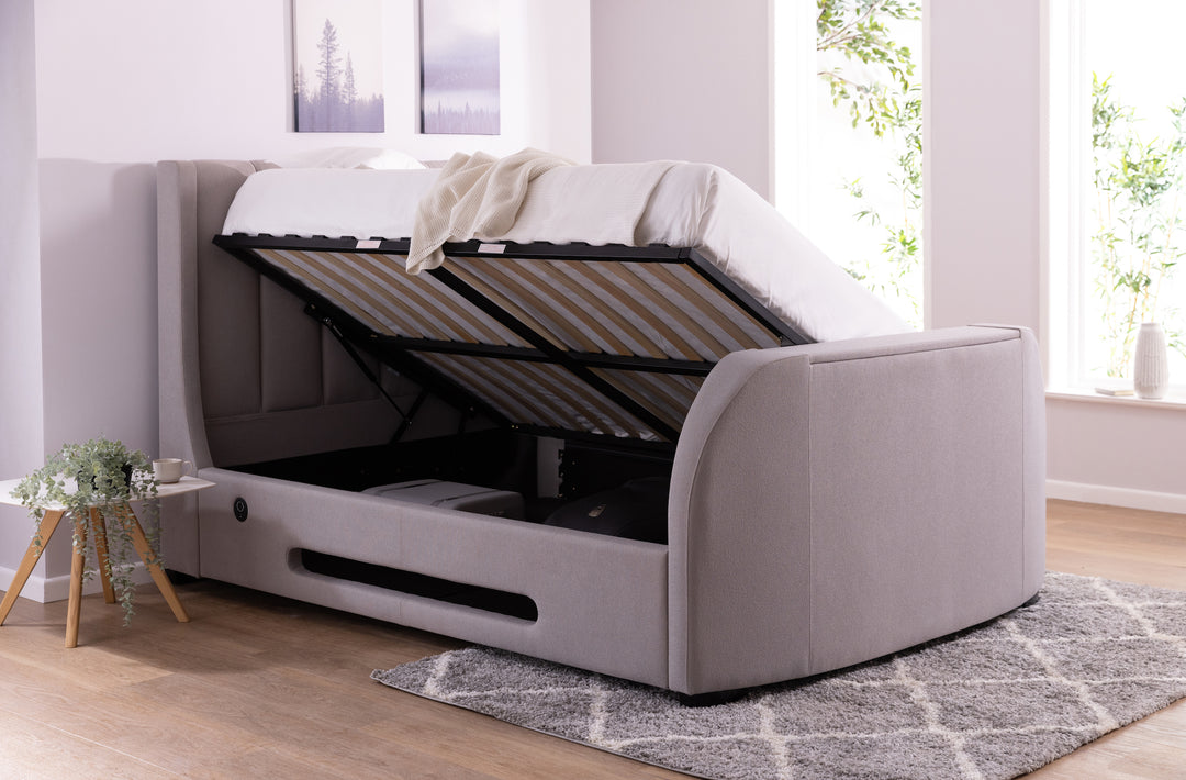 Solace Ottoman TV Bed  in Boucle Mellow Grey with USB Charging with 20% OFF!
