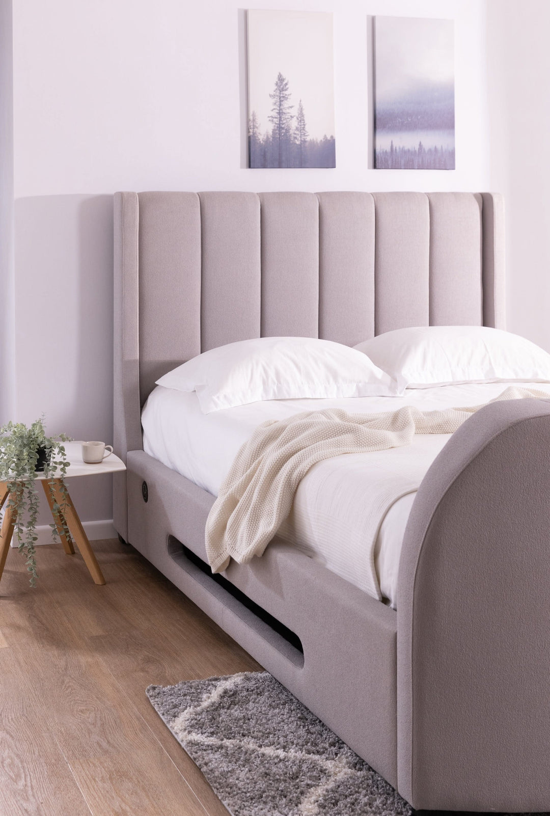 Solace Ottoman TV Bed  in Boucle Mellow Grey with USB Charging