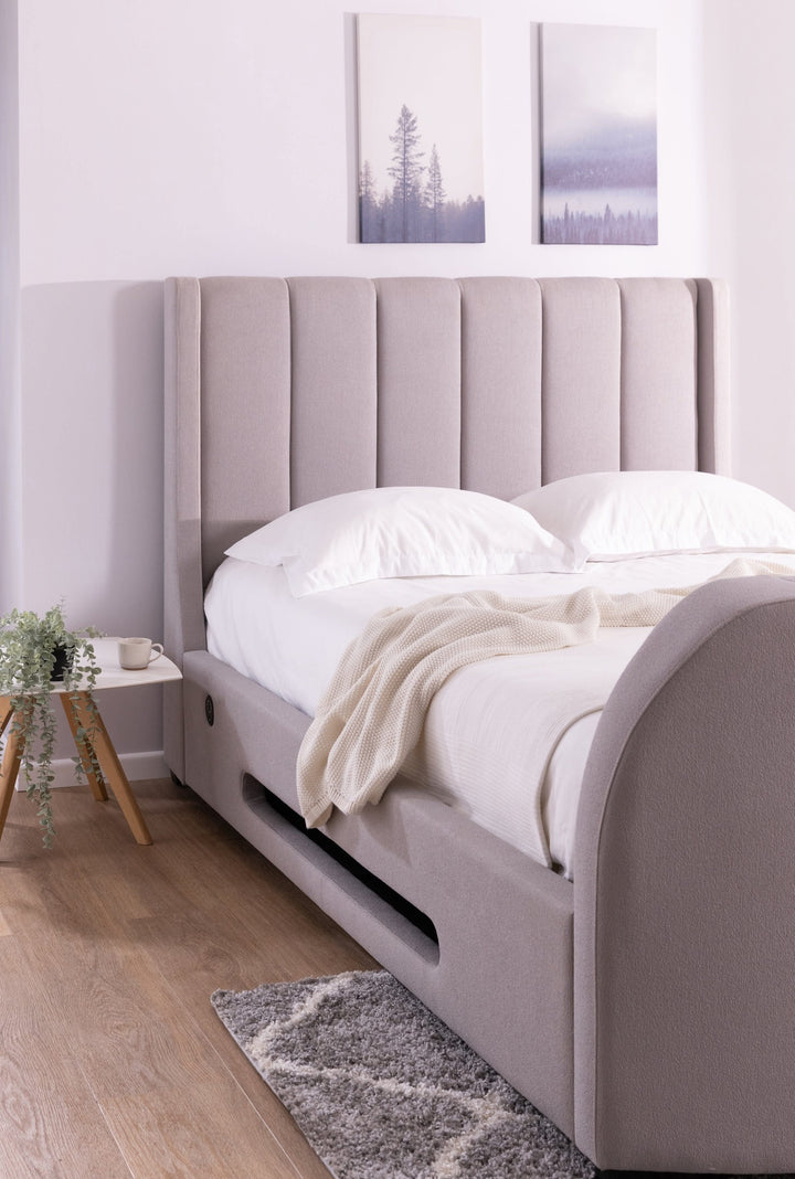 Solace Ottoman TV Bed  in Boucle Mellow Grey with USB Charging