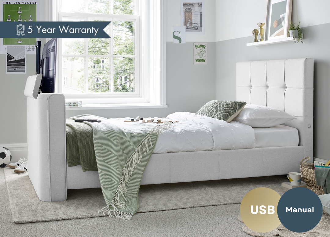 Alpha Single TV Bed In Light Stone - 32" TV Capacity with USB Charging