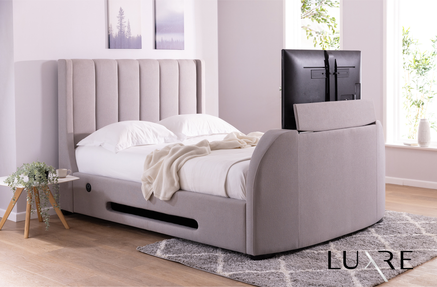Solace Ottoman TV Bed in Boucle Mellow Grey with USB Charging.