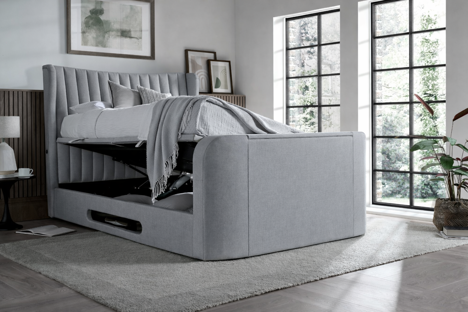 EX DISPLAY Vogue True Sound 5.1 Ottoman TV Bed in Dusk Fabric(No LED floor lighting)