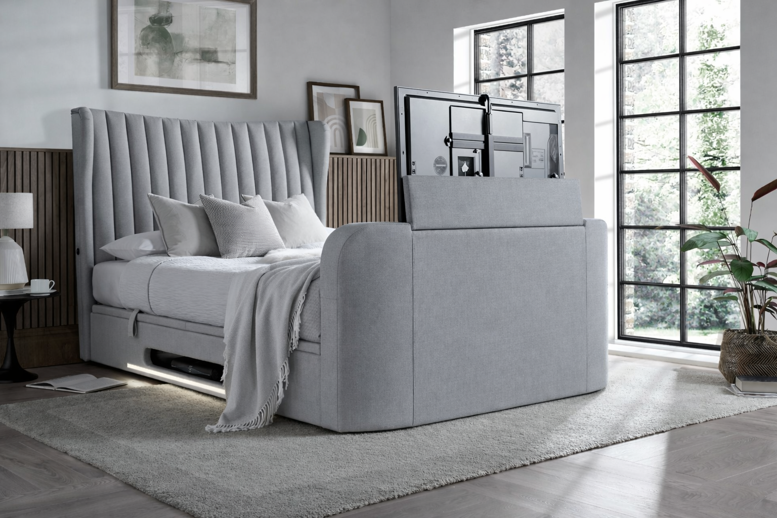 EX DISPLAY Vogue True Sound 5.1 Ottoman TV Bed in Dusk Fabric(No LED floor lighting)