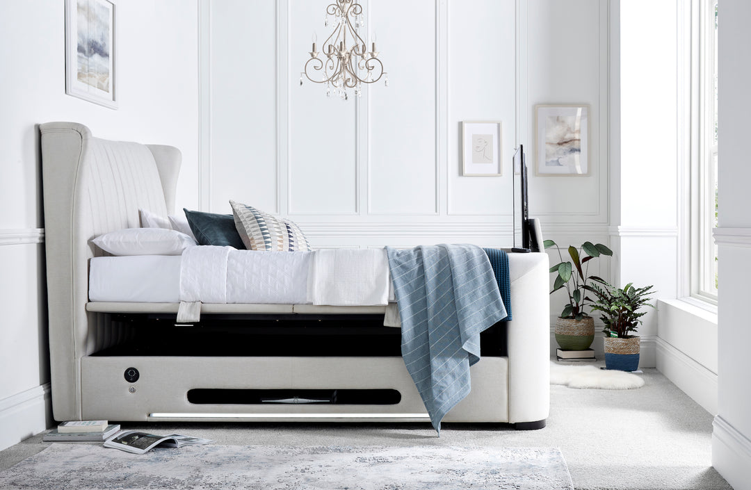 Vogue True Sound 5.1 Light Stone Fabric Ottoman TV Bed with USB-C Charging, Headphone Jack & LED Floor Lighting