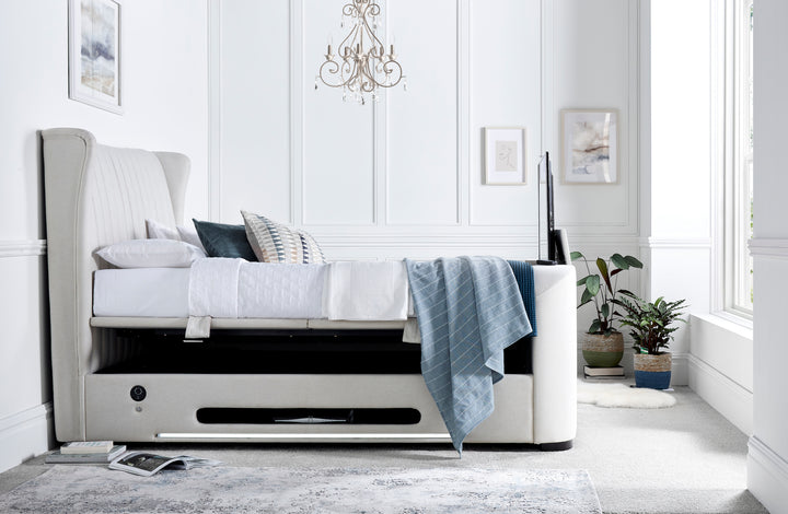 Vogue True Sound 5.1 Light Stone Fabric Ottoman TV Bed with USB-C Charging, Headphone Jack & LED Floor Lighting
