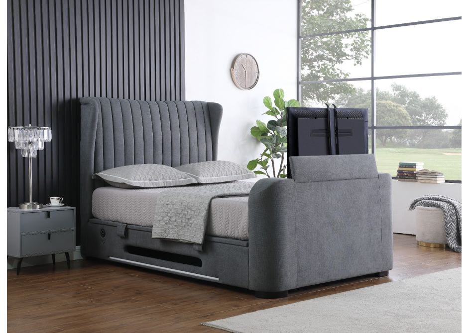 EX Display - Vogue 2.1 Sound Slate Grey Ottoman TV Bed in SUPER KING (Display Marks)