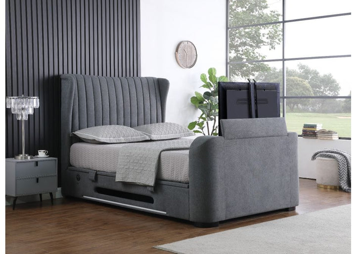 EX Display - Vogue 2.1 Sound Slate Grey Ottoman TV Bed in SUPER KING (Display Marks)