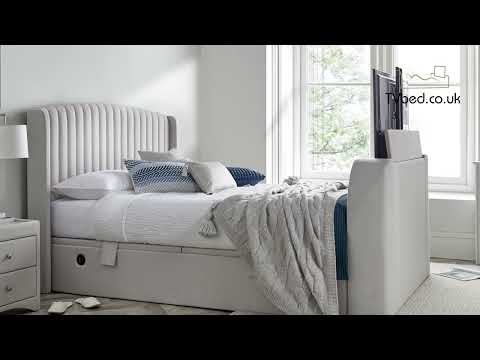 Essence Ottoman Storage TV Bed with USB Charging in Natural Cream Fabric.