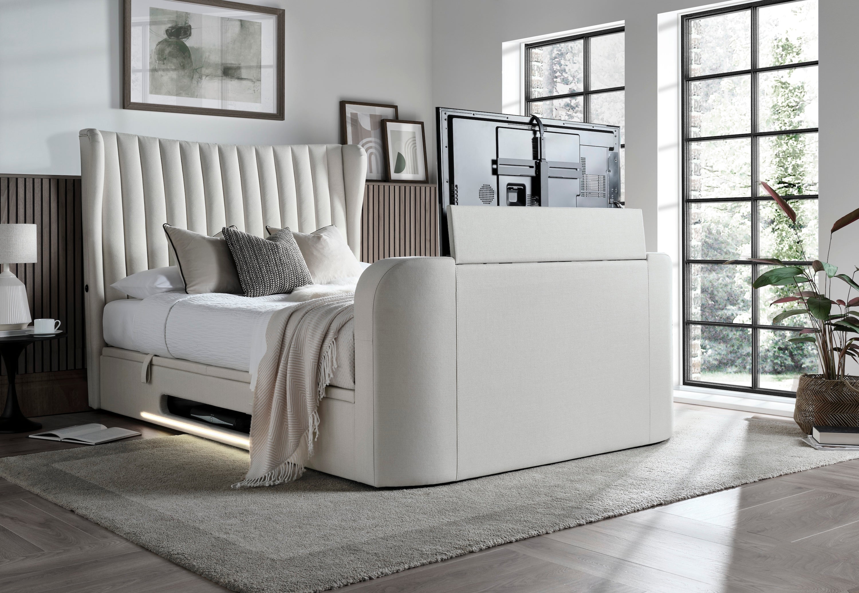 EX DISPLAY Vogue True Sound 5.1 Ottoman TV Bed in Light Stone (No LED floor lighting)