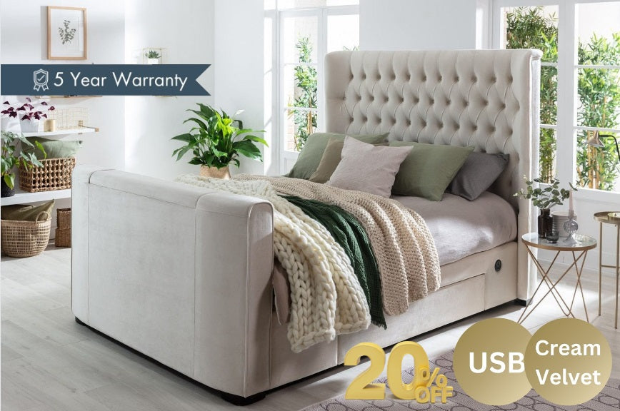 Winchester Cream Velvet TV Bed With Storage & USB Charging with 20% OFF!