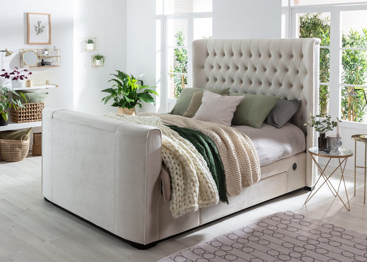 Winchester Cream Velvet TV Bed With Storage & USB Charging with 20% OFF!