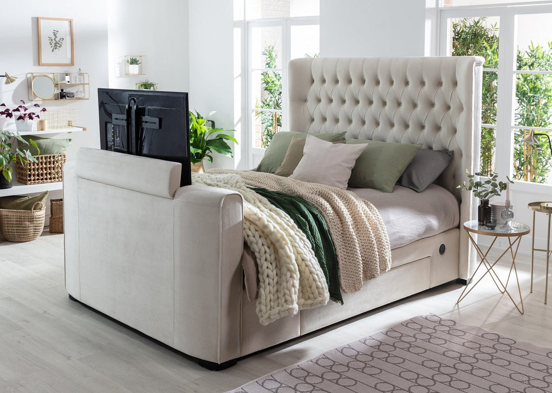 Winchester Cream Velvet TV Bed With Storage & USB Charging with 20% OFF!