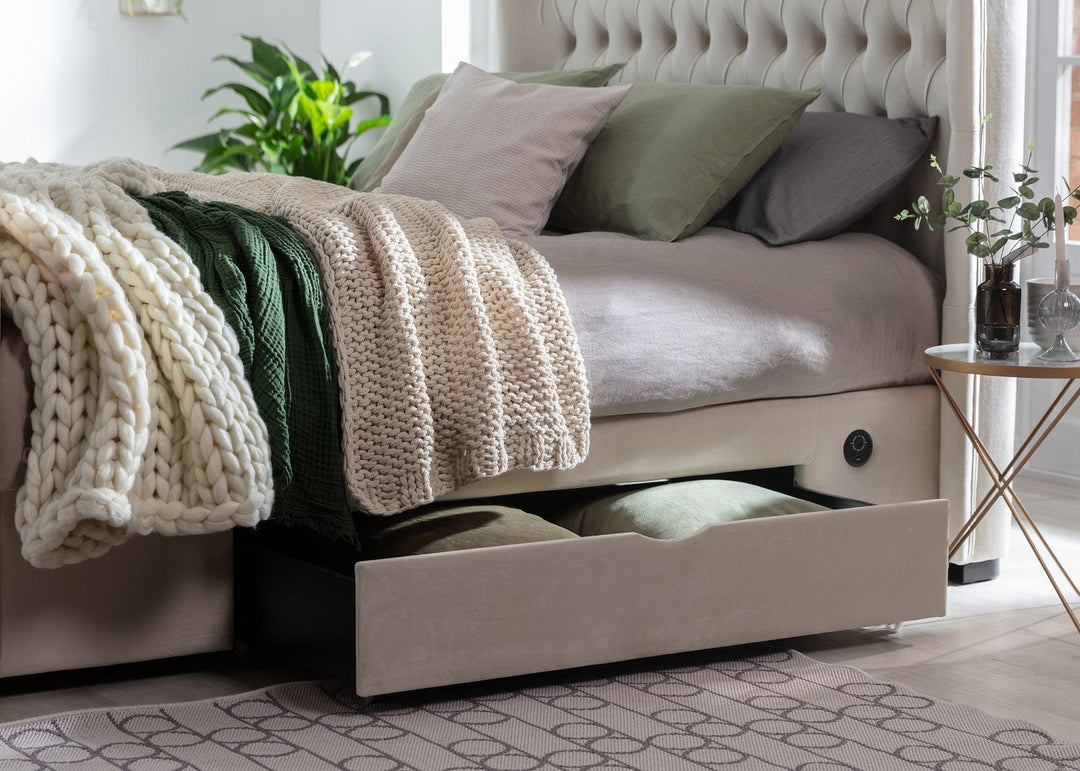 Winchester Cream Velvet Storage TV Bed With Storage & USB Charging