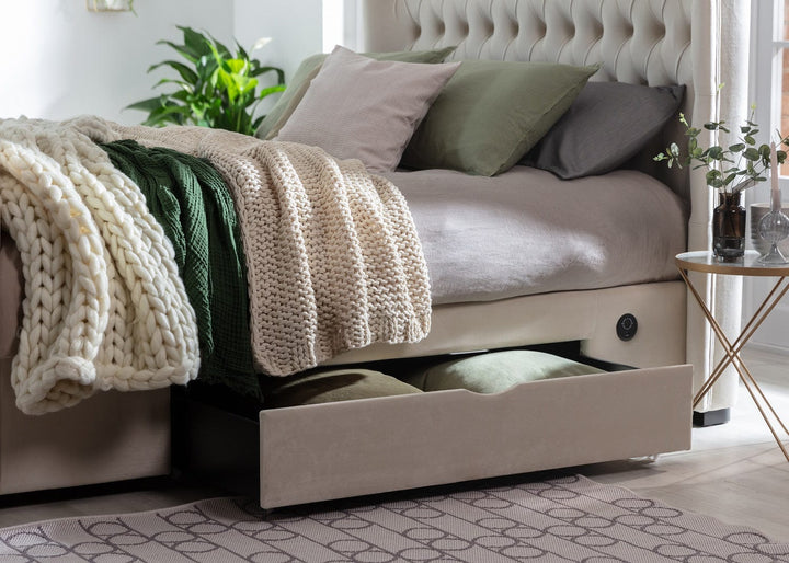 Winchester Cream Velvet Storage TV Bed With Storage & USB Charging